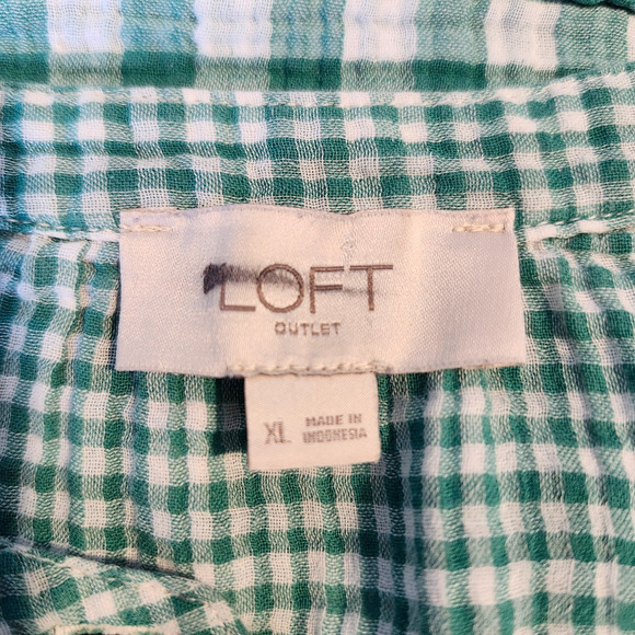 Loft Outlet Top XL Green White Gingham Button Front 3/4 Tie Sleeve Cotton Blend - Picture 7 of 10